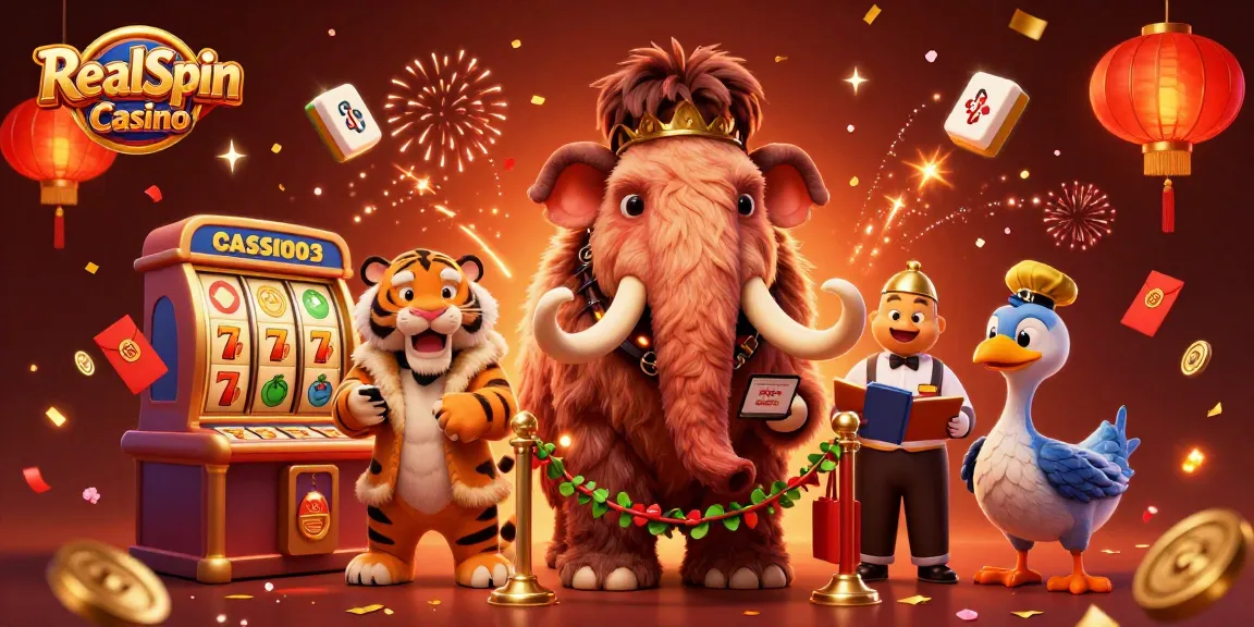 RealSpin Casino verwelkomt spelers met een levendige 3D scène vol casinospellen en feestelijke elementen.