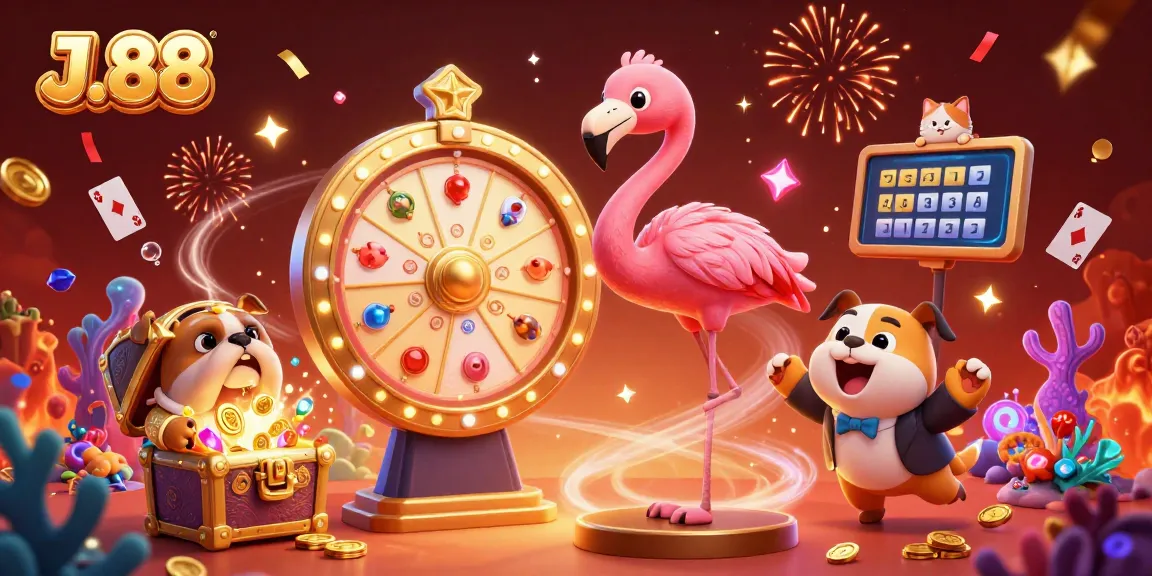 Spin to win at J.88 with the thrilling prize wheel and colorful treasures in this vibrant scene.