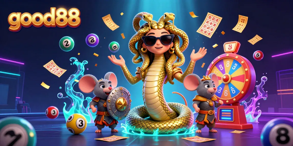 Engage in thrilling gaming with good88, featuring Medusa and a warrior mouse surrounded by dynamic lottery elements.