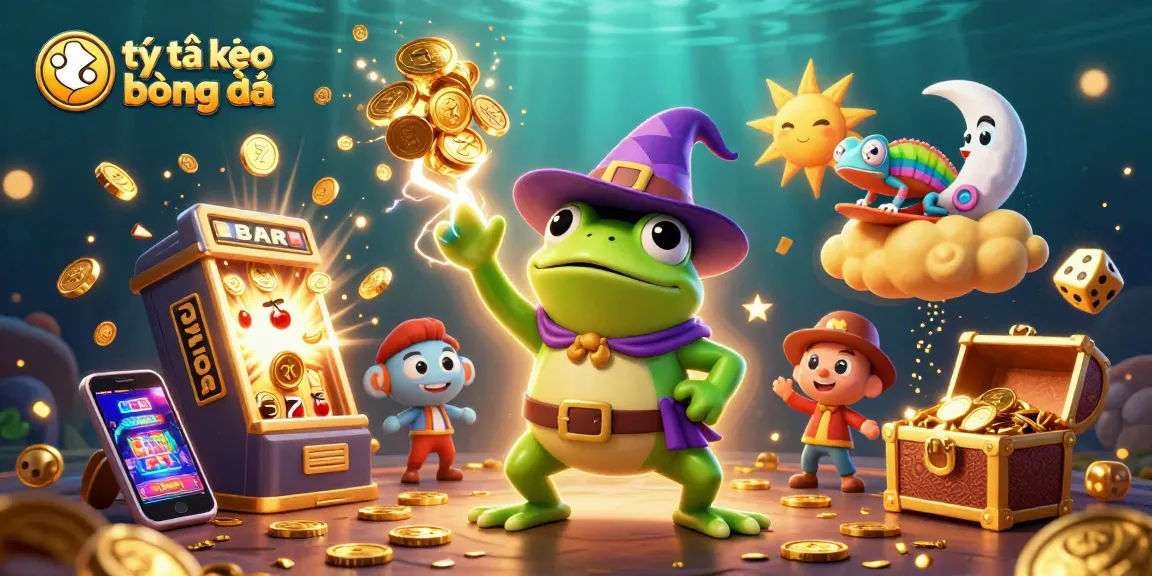 Engage with tỷ lệ kèo bóng đá through this vibrant illustration of a wizard frog and a chameleon in a dynamic casino scene.
