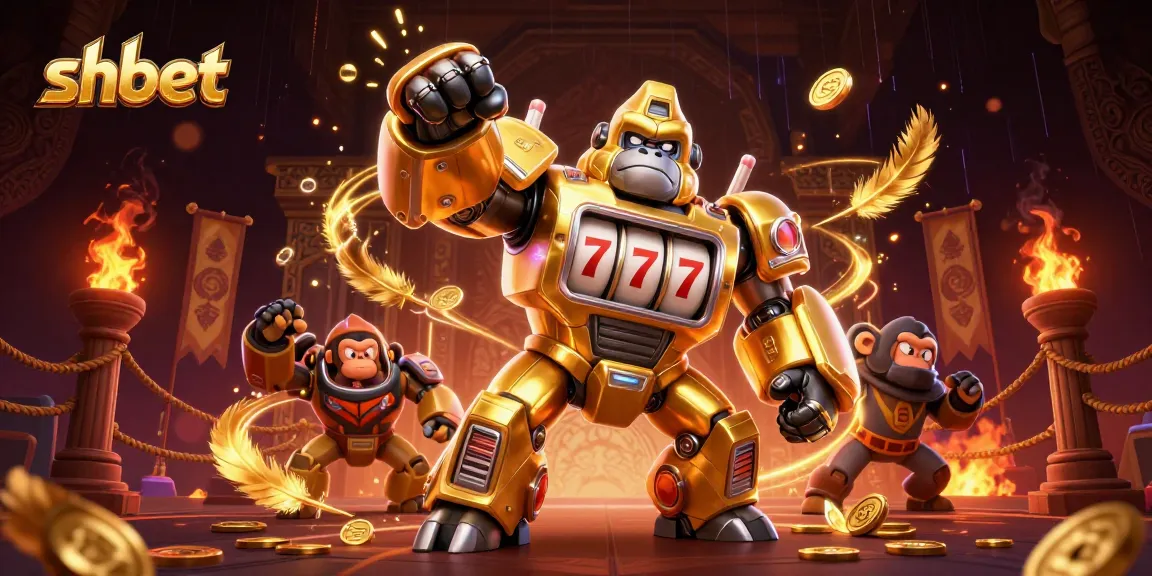 Experience thrilling gaming action at shbet as the golden gorilla mech showcases winning slots.