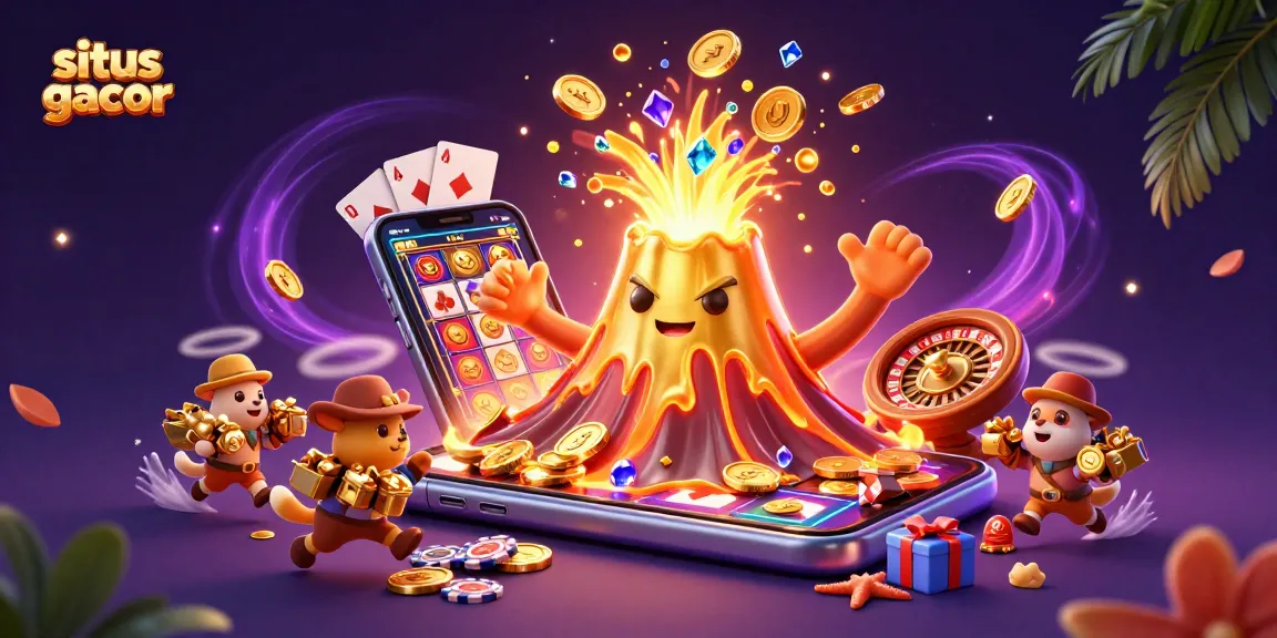 Engage with situs gacor featuring a golden volcano erupting coins amid a dynamic casino scene.