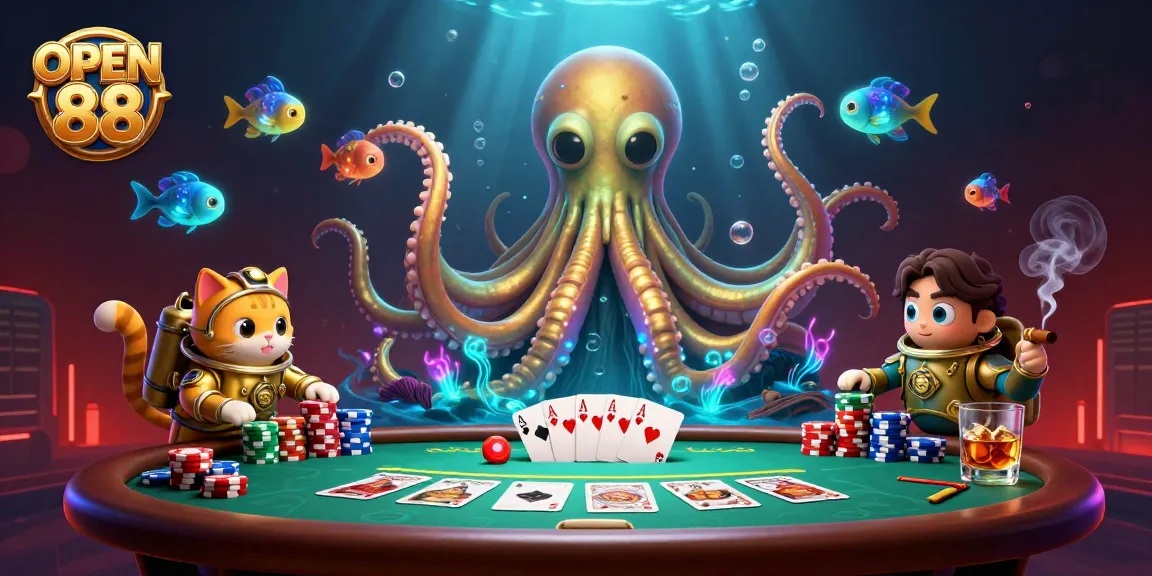 Engage with OPEN 88's exciting adventures featuring a colossal kraken, diving cat, and poker elements.