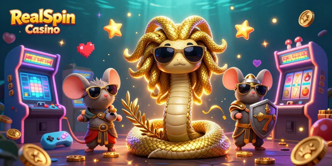 Win exciting games at RealSpin Casino with a playful scene featuring Medusa and a warrior mouse.