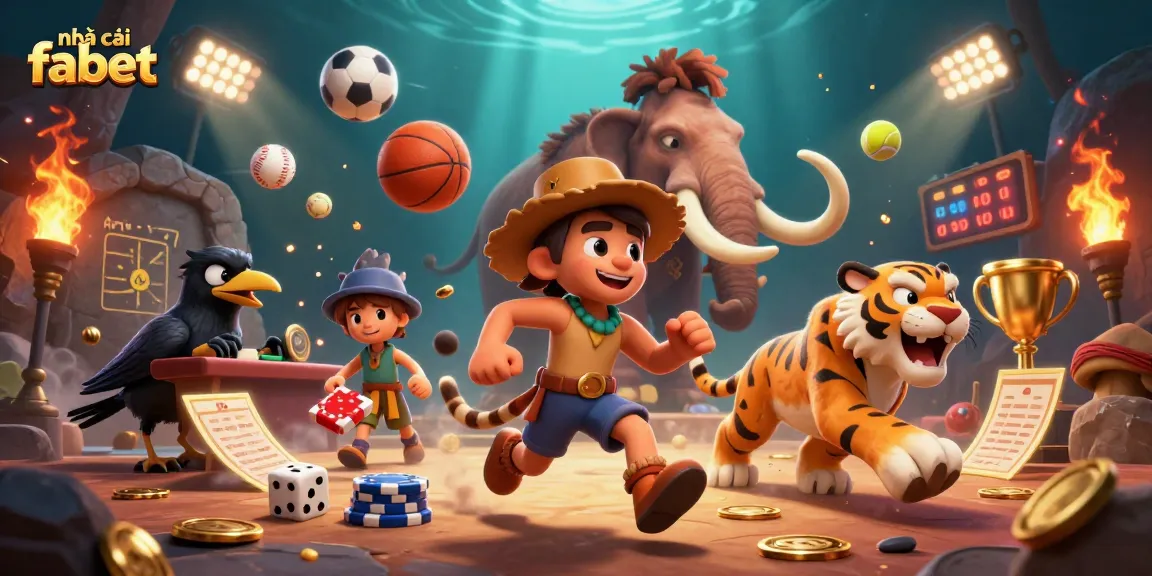 Bet with nhà cái fabet in a lively prehistoric casino scene featuring a caveman and sabertooth tiger.