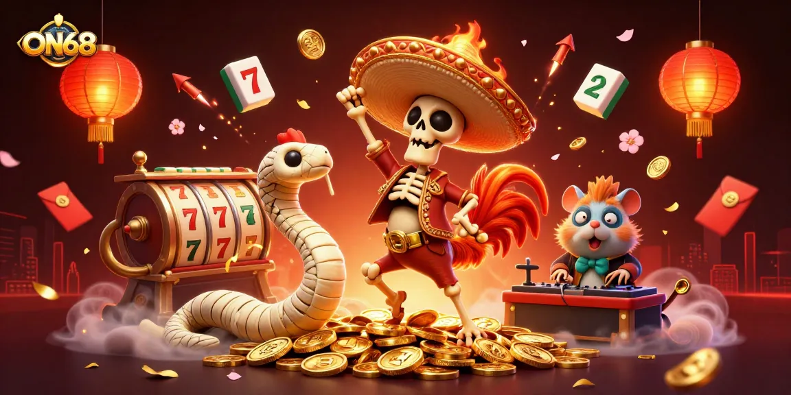 Experience the excitement of ON68 with a vibrant 3D illustration featuring winning symbols and dynamic characters.