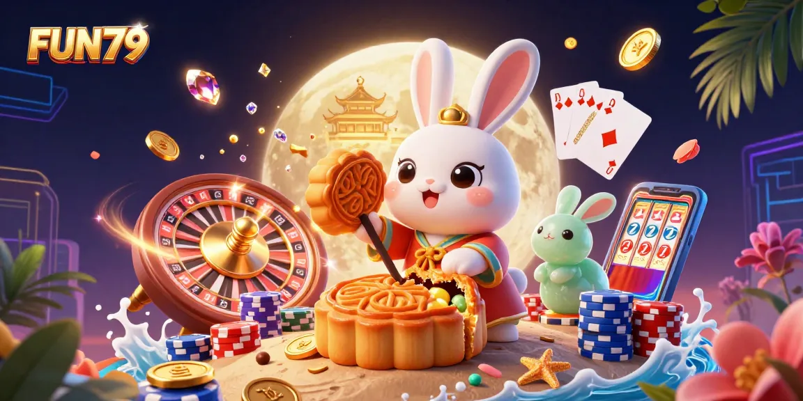 Experience FUN79's vibrant casino atmosphere with an extraordinary moon rabbit scene bursting with gaming action.