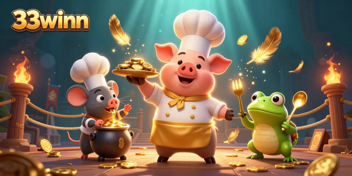 Engage in thrilling gameplay at 33winn with vibrant visuals and golden rewards bursting from a chef's platter.