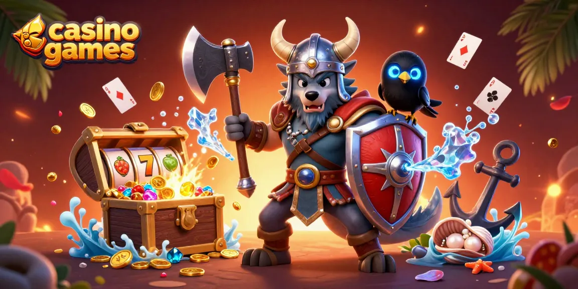 Experience thrilling casino games with a Viking wolf warrior, dragon, and dynamic slot elements.