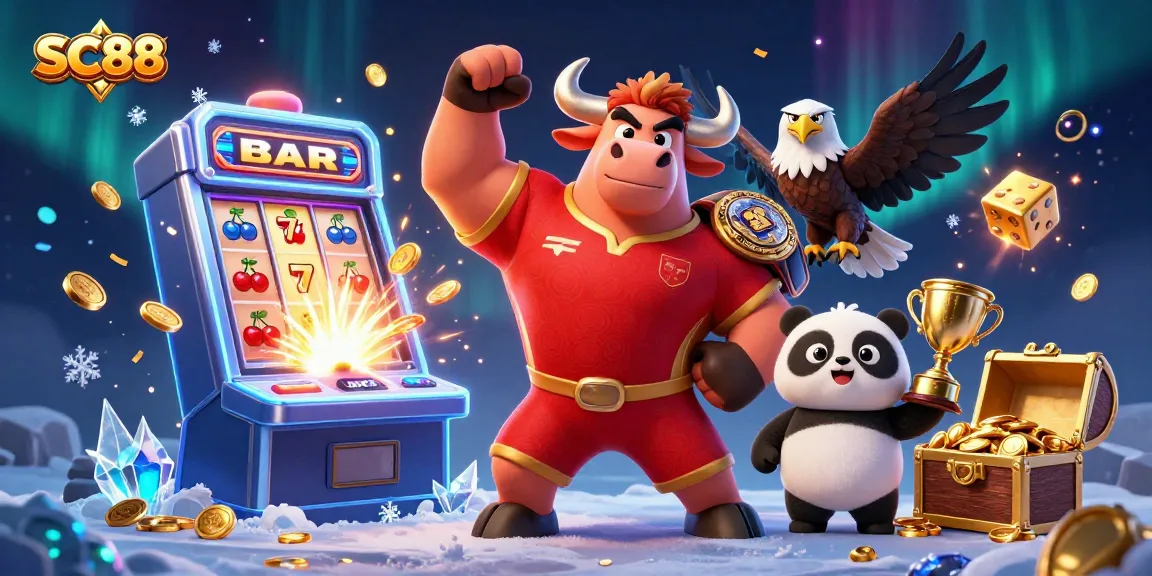 SC88 vibrant casino scene featuring mascot characters and dynamic gaming elements for online gambling
