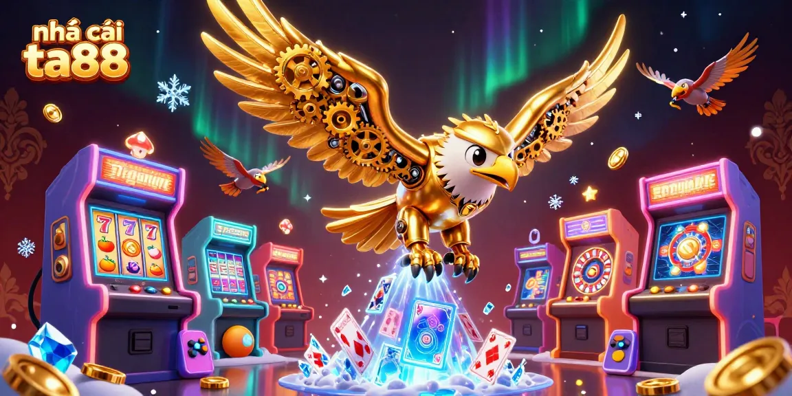 Experience the thrill of nhà cái ta88 with cybernetic golden eagle diving through holographic cards.